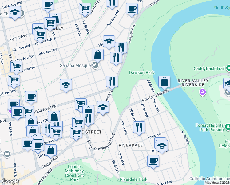 map of restaurants, bars, coffee shops, grocery stores, and more near 9189 Jasper Avenue in Edmonton