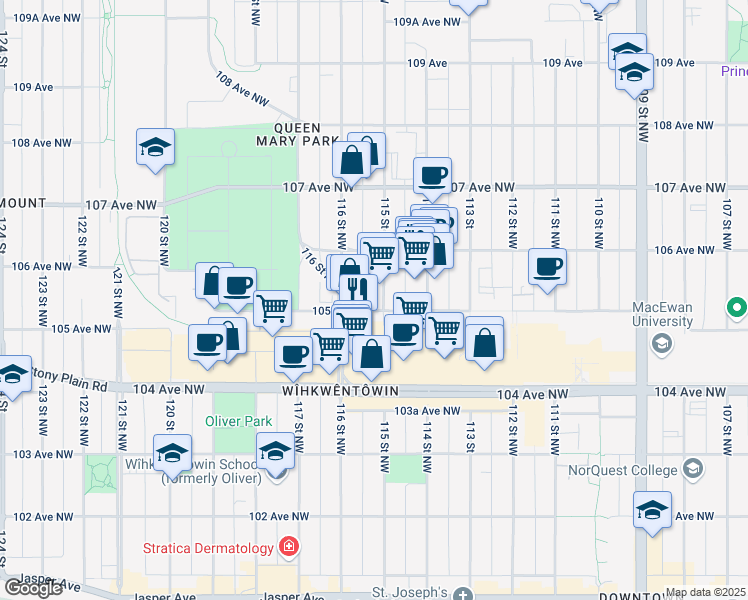 map of restaurants, bars, coffee shops, grocery stores, and more near 10538 115 Street Northwest in Edmonton