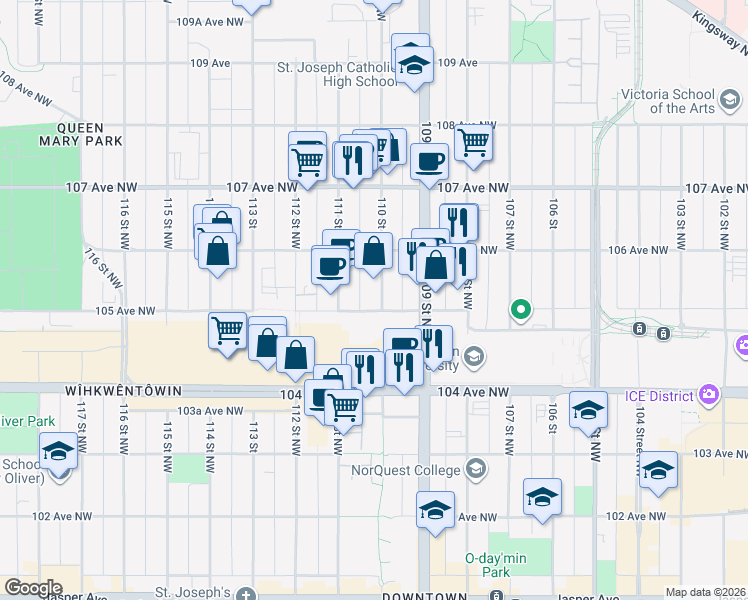 map of restaurants, bars, coffee shops, grocery stores, and more near 11004 105 Avenue Northwest in Edmonton