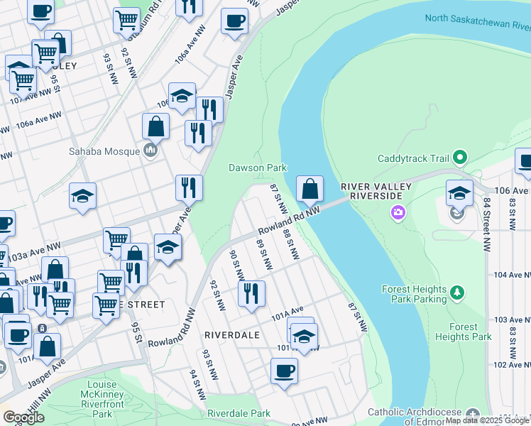 map of restaurants, bars, coffee shops, grocery stores, and more near 8808 Rowland Road Northwest in Edmonton