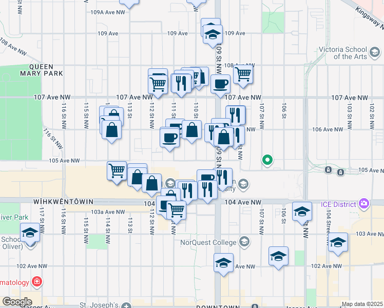 map of restaurants, bars, coffee shops, grocery stores, and more near 11004 105 Avenue Northwest in Edmonton