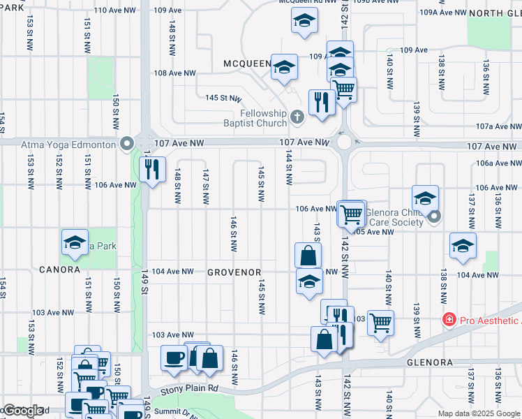 map of restaurants, bars, coffee shops, grocery stores, and more near 10466 145 Street Northwest in Edmonton