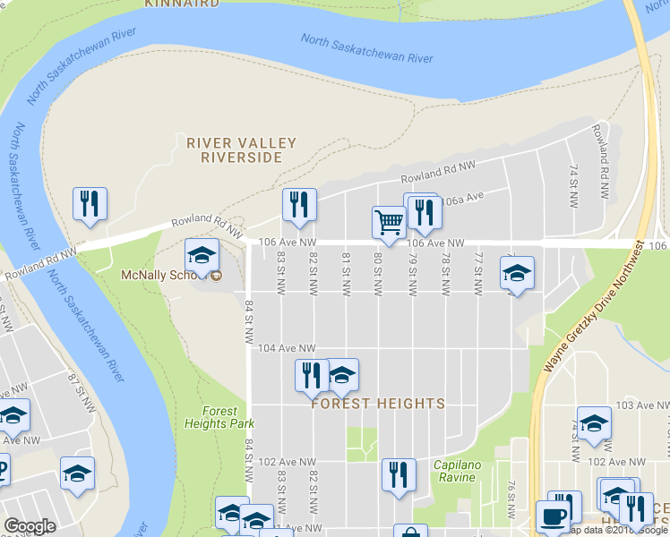 map of restaurants, bars, coffee shops, grocery stores, and more near 10520 81 Street Northwest in Edmonton