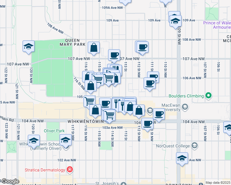 map of restaurants, bars, coffee shops, grocery stores, and more near 10505 114 Street Northwest in Edmonton