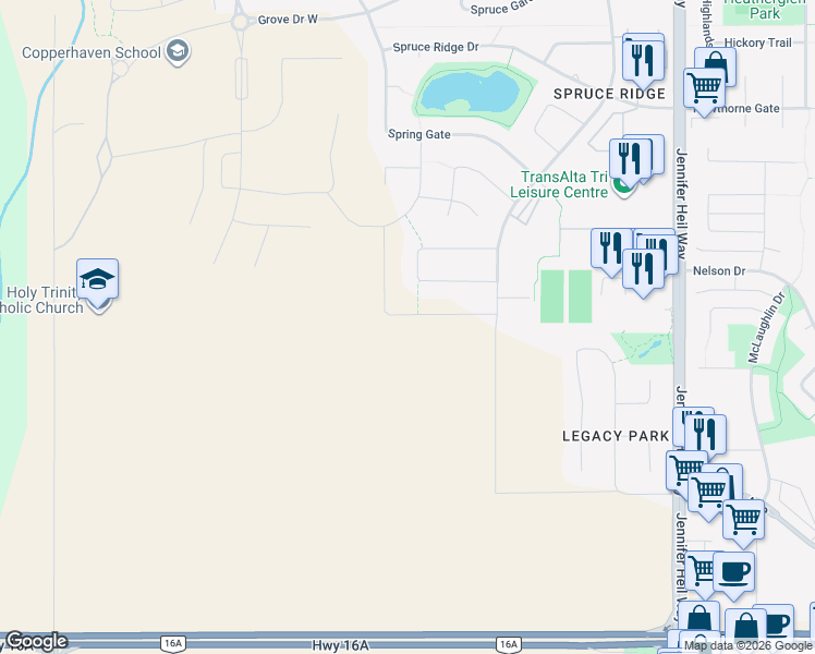 map of restaurants, bars, coffee shops, grocery stores, and more near in Spruce Grove