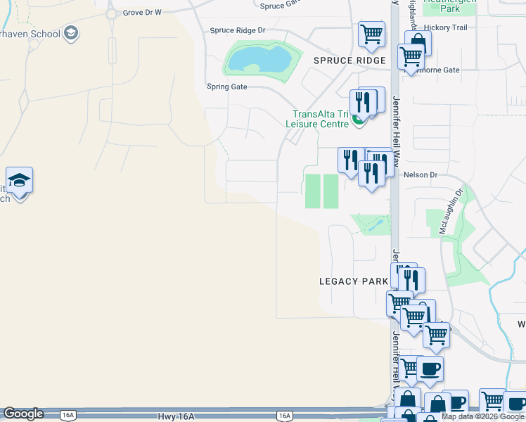 map of restaurants, bars, coffee shops, grocery stores, and more near 201 Spruce Ridge Road in Spruce Grove