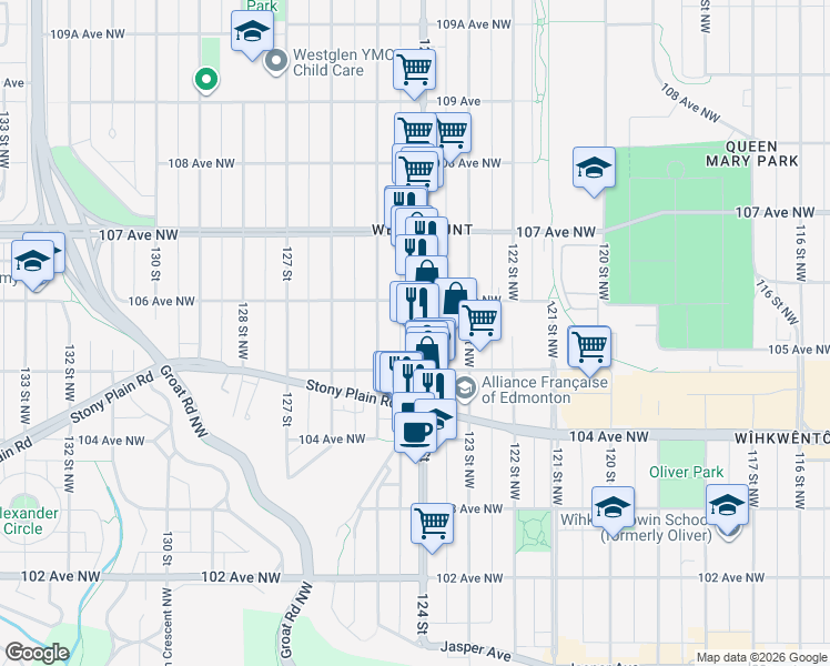 map of restaurants, bars, coffee shops, grocery stores, and more near in Edmonton