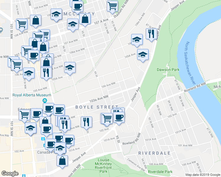 map of restaurants, bars, coffee shops, grocery stores, and more near 9341 104 Avenue Northwest in Edmonton
