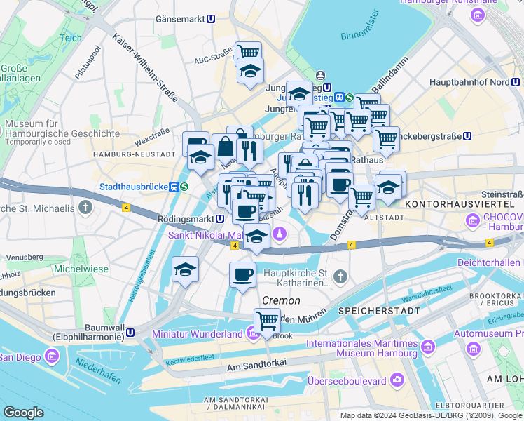 map of restaurants, bars, coffee shops, grocery stores, and more near 18 Großer Burstah in Hamburg