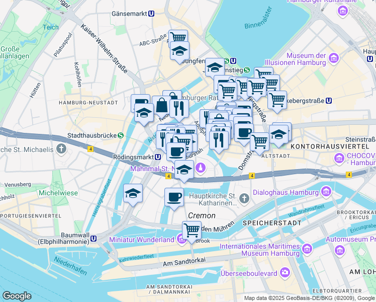 map of restaurants, bars, coffee shops, grocery stores, and more near 18 Großer Burstah in Hamburg