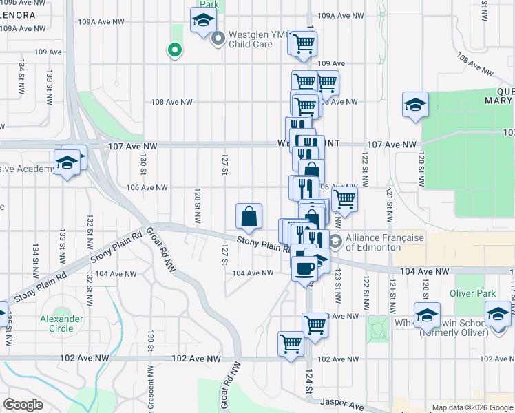 map of restaurants, bars, coffee shops, grocery stores, and more near 10527 126 Street Northwest in Edmonton