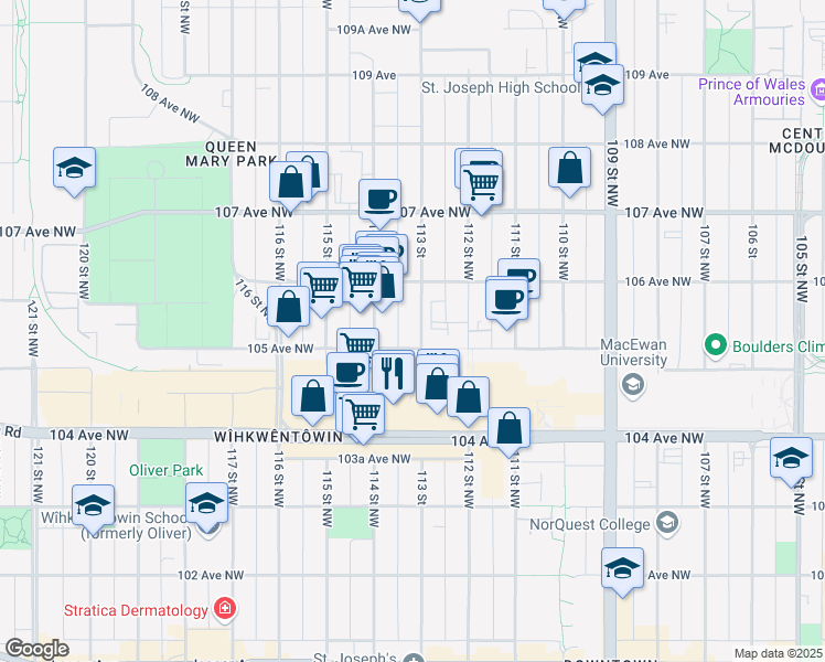 map of restaurants, bars, coffee shops, grocery stores, and more near 10518 113 Street in Edmonton