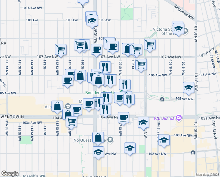 map of restaurants, bars, coffee shops, grocery stores, and more near 10545 108 Street Northwest in Edmonton