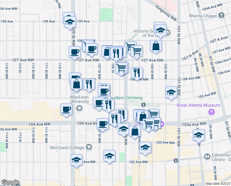 map of restaurants, bars, coffee shops, grocery stores, and more near 10541 106 Street in Edmonton