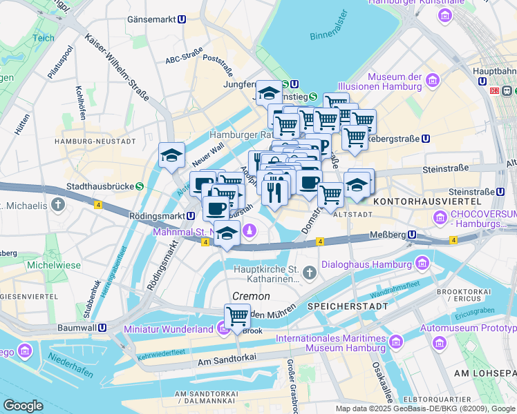 map of restaurants, bars, coffee shops, grocery stores, and more near 1 Großer Burstah in Hamburg
