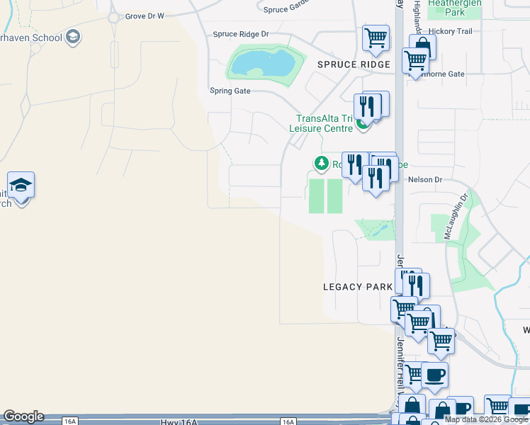 map of restaurants, bars, coffee shops, grocery stores, and more near 201 Spruce Ridge Road in Spruce Grove