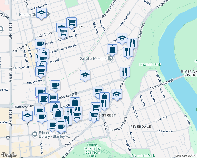 map of restaurants, bars, coffee shops, grocery stores, and more near 9341 104 Avenue Northwest in Edmonton