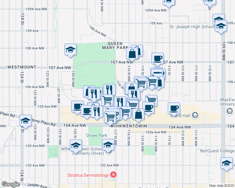 map of restaurants, bars, coffee shops, grocery stores, and more near 10531 117 Street Northwest in Edmonton