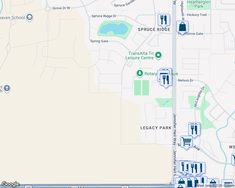 map of restaurants, bars, coffee shops, grocery stores, and more near 201 Spruce Ridge Road in Spruce Grove