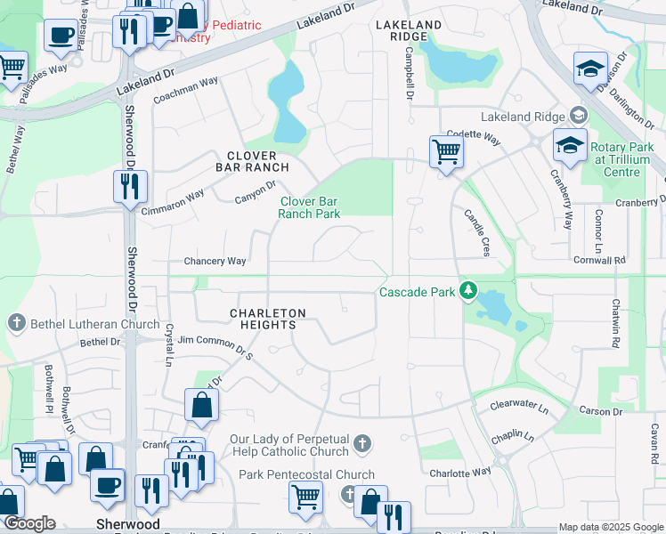 map of restaurants, bars, coffee shops, grocery stores, and more near 25 Charlton Way in Sherwood Park