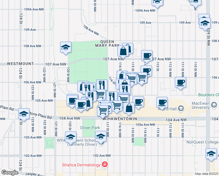 map of restaurants, bars, coffee shops, grocery stores, and more near 10531 117 Street Northwest in Edmonton