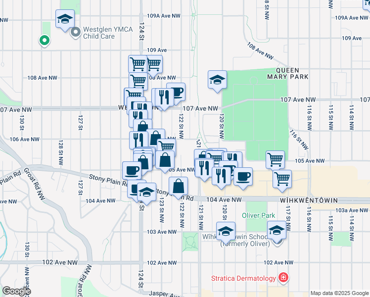 map of restaurants, bars, coffee shops, grocery stores, and more near 10511 122 Street Northwest in Edmonton