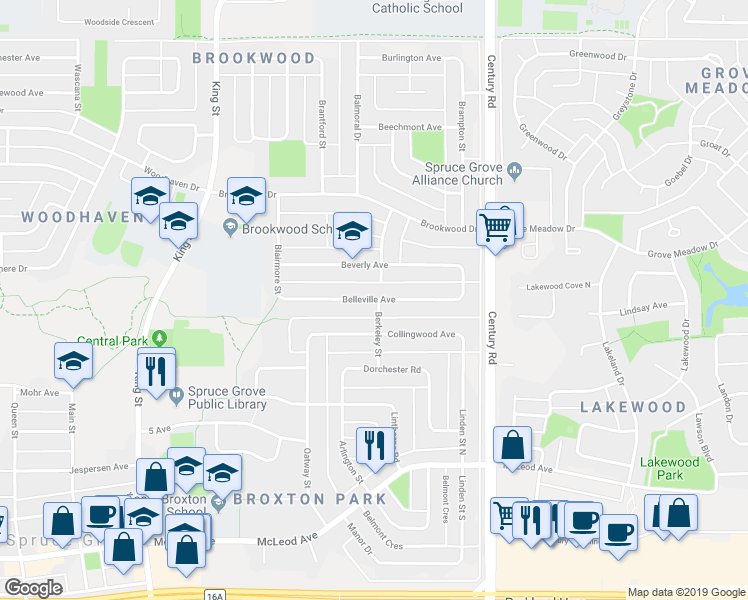 map of restaurants, bars, coffee shops, grocery stores, and more near 32 Belleville Avenue in Spruce Grove