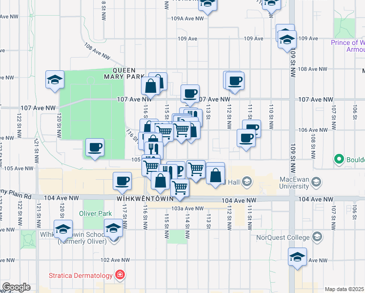 map of restaurants, bars, coffee shops, grocery stores, and more near 10558 114 Street Northwest in Edmonton