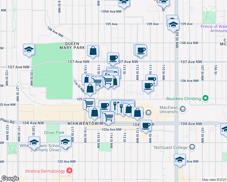 map of restaurants, bars, coffee shops, grocery stores, and more near 10505 114 Street Northwest in Edmonton