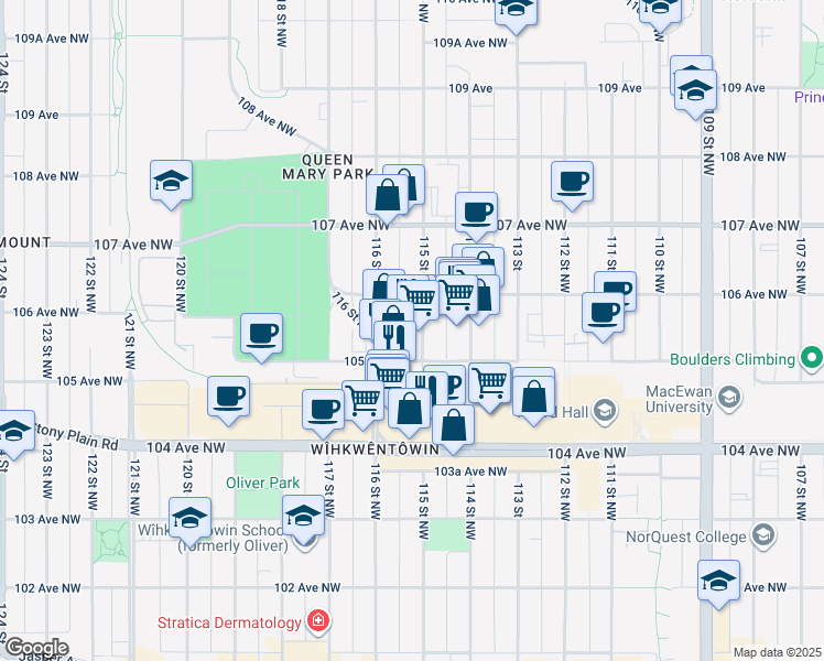 map of restaurants, bars, coffee shops, grocery stores, and more near 10538 115 Street Northwest in Edmonton