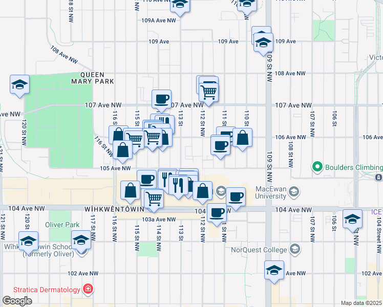 map of restaurants, bars, coffee shops, grocery stores, and more near 10518 113 Street in Edmonton