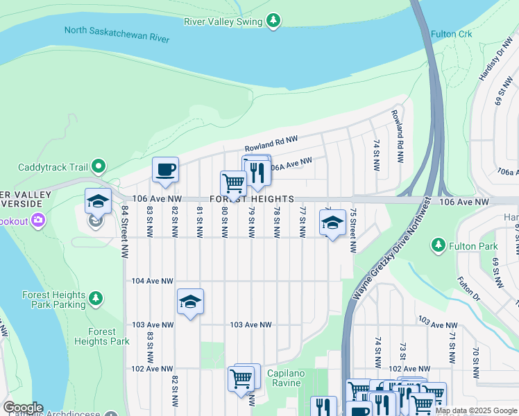 map of restaurants, bars, coffee shops, grocery stores, and more near 10530 79 Street Northwest in Edmonton