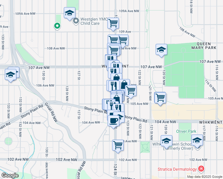 map of restaurants, bars, coffee shops, grocery stores, and more near in Edmonton