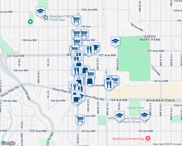 map of restaurants, bars, coffee shops, grocery stores, and more near 10531 123 Street Northwest in Edmonton