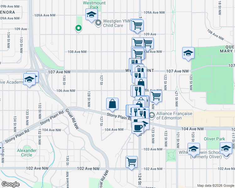 map of restaurants, bars, coffee shops, grocery stores, and more near 10527 126 Street Northwest in Edmonton