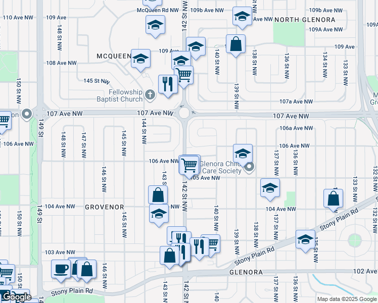 map of restaurants, bars, coffee shops, grocery stores, and more near 14031 106 Avenue Northwest in Edmonton