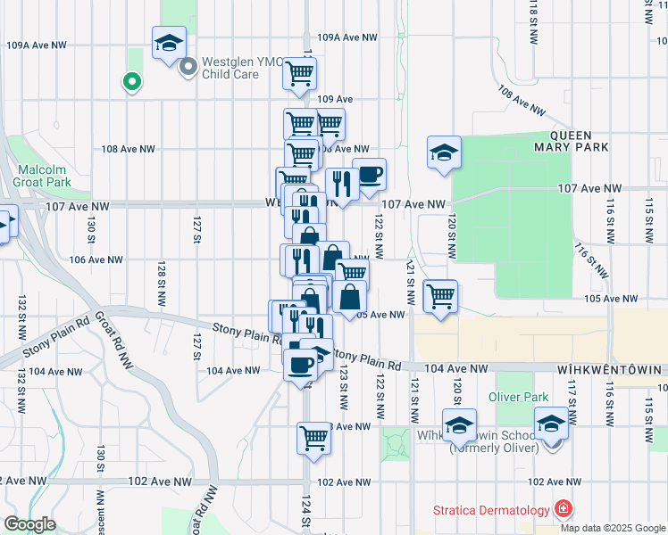 map of restaurants, bars, coffee shops, grocery stores, and more near in Edmonton