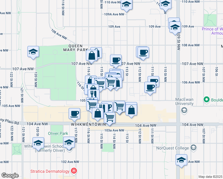 map of restaurants, bars, coffee shops, grocery stores, and more near 10558 114 Street Northwest in Edmonton