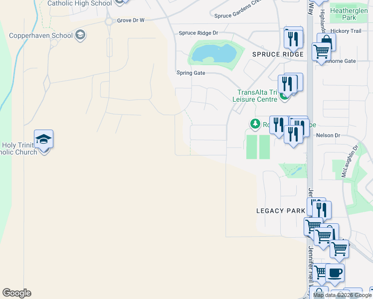 map of restaurants, bars, coffee shops, grocery stores, and more near in Spruce Grove