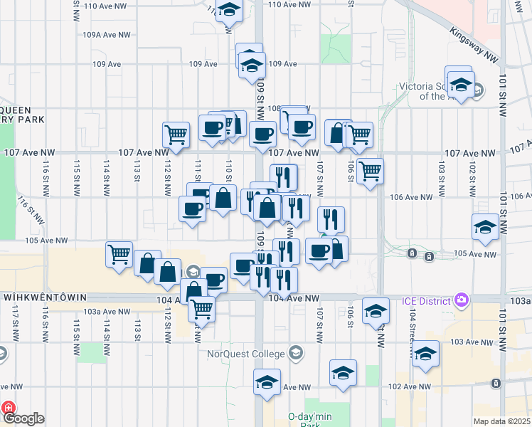 map of restaurants, bars, coffee shops, grocery stores, and more near in Edmonton