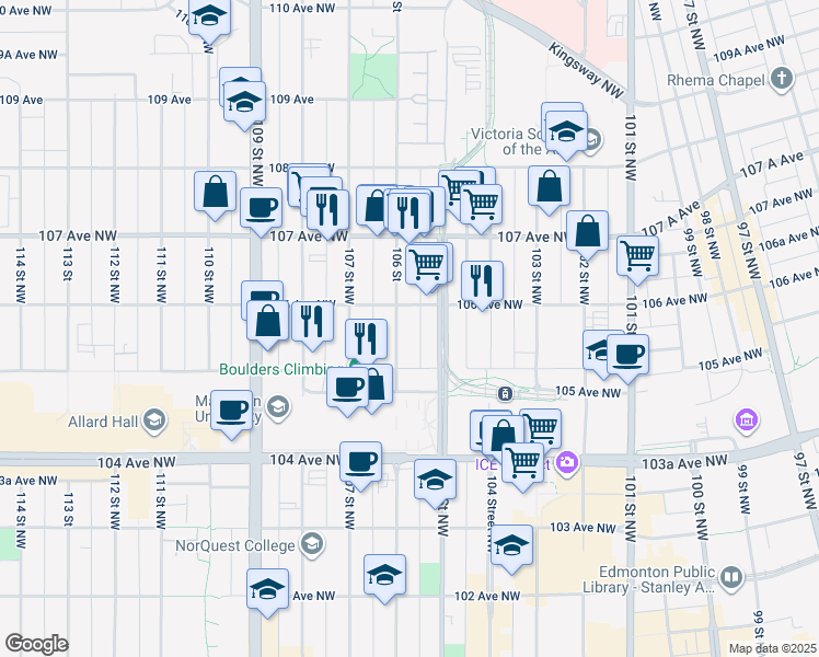 map of restaurants, bars, coffee shops, grocery stores, and more near in Edmonton
