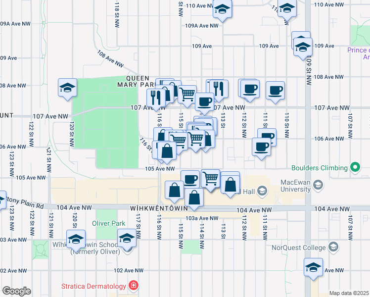 map of restaurants, bars, coffee shops, grocery stores, and more near 10620 114 Street Northwest in Edmonton