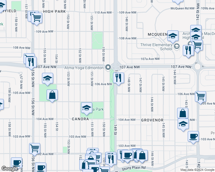 map of restaurants, bars, coffee shops, grocery stores, and more near 10545 150 Street Northwest in Edmonton