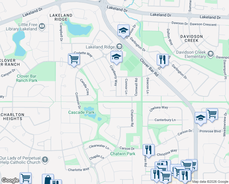 map of restaurants, bars, coffee shops, grocery stores, and more near 420 Cranberry Way in Sherwood Park