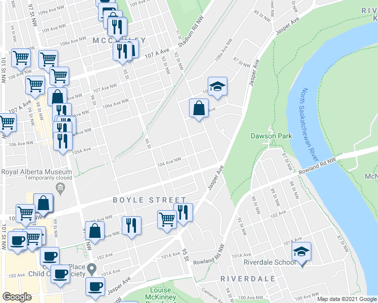 map of restaurants, bars, coffee shops, grocery stores, and more near 10434 93 Street Northwest in Edmonton
