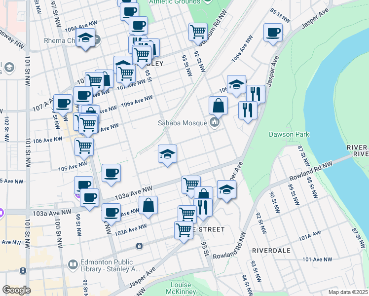 map of restaurants, bars, coffee shops, grocery stores, and more near in Edmonton