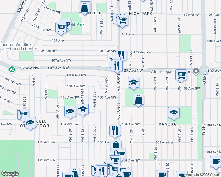 map of restaurants, bars, coffee shops, grocery stores, and more near 10541 157 Street Northwest in Edmonton