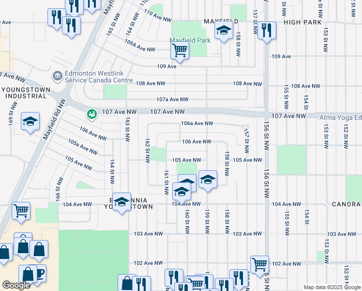 map of restaurants, bars, coffee shops, grocery stores, and more near 15942 106 Avenue Northwest in Edmonton