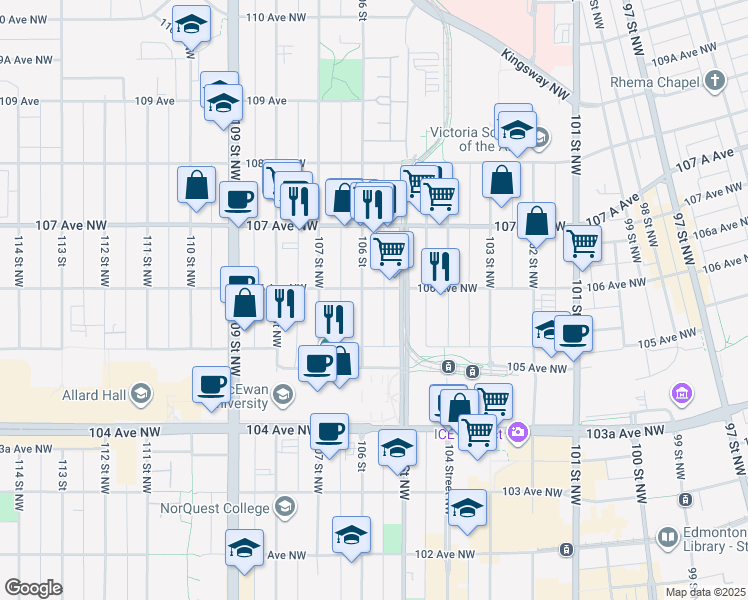 map of restaurants, bars, coffee shops, grocery stores, and more near in Edmonton