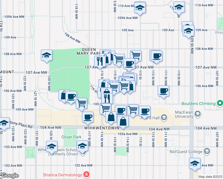 map of restaurants, bars, coffee shops, grocery stores, and more near 11506 106 Avenue Northwest in Edmonton
